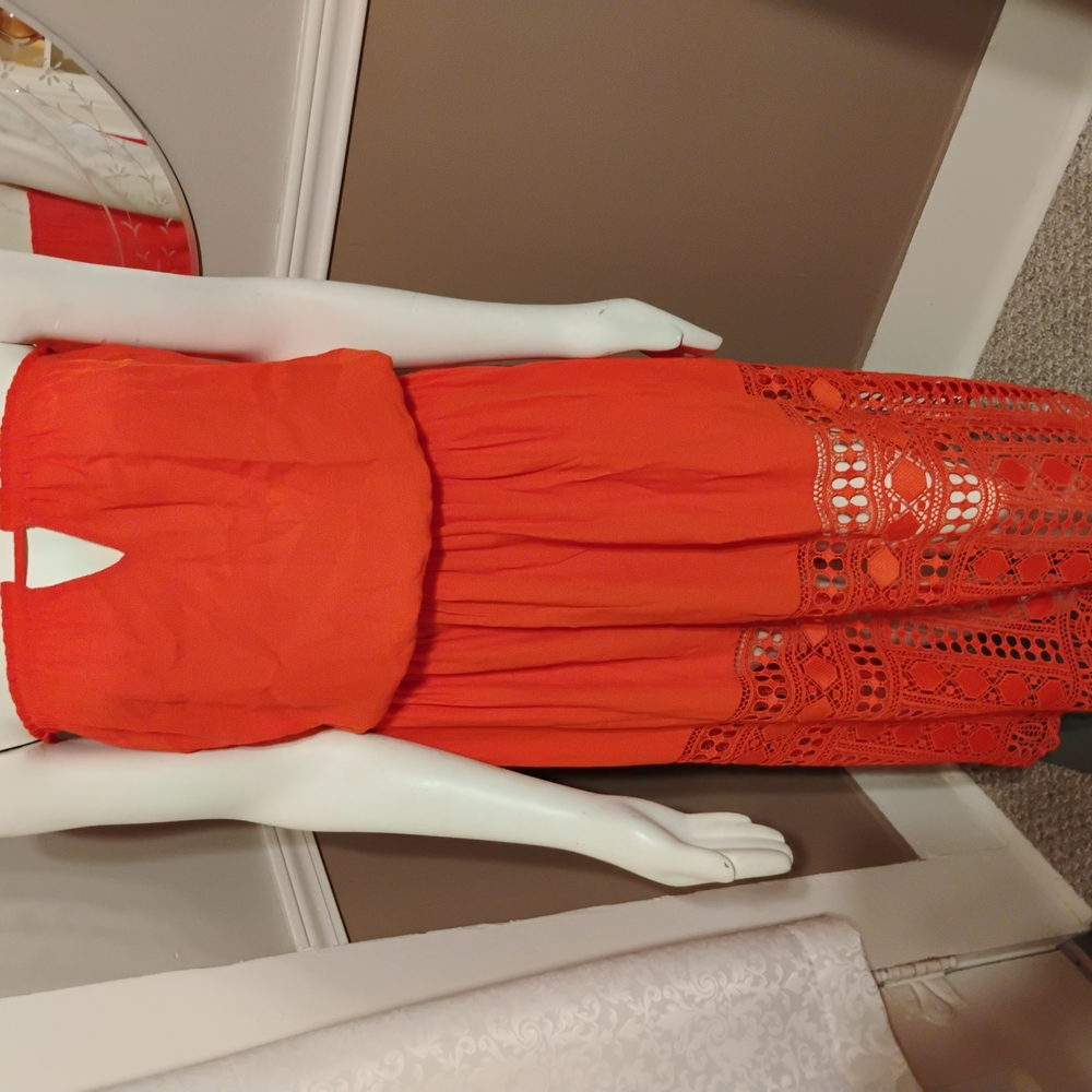 Orange Strapless Maxi Dress with Lace Details